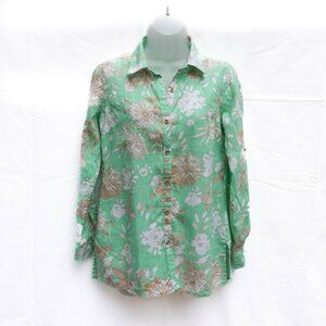 Charter Club Women P/P Tunic Shirt Linen Floral Green Button Up Roll Tab Sleeves
